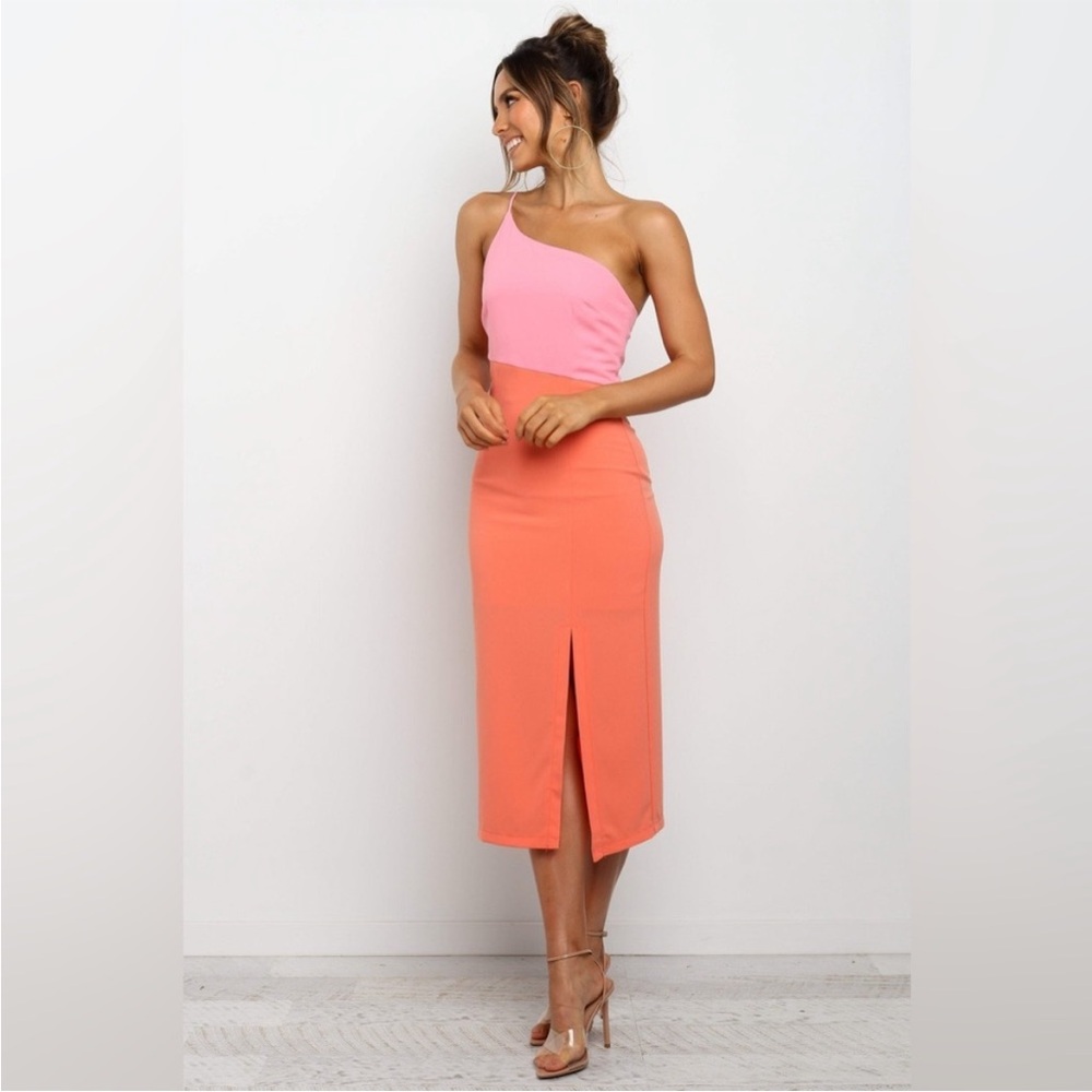 Petal & Pup Asymmetrical Pink and Coral One-Shoulder Midi Dress